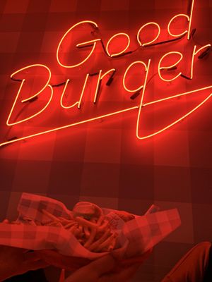 Single burger with a strawberry lemonade  at Monty's Good Burger - Echo Park in Los Angeles