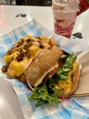 Single cheese burger and loaded fries at Monty's Good Burger - Echo Park in Los Angeles
