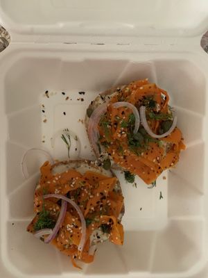 Bagel with cashew cream cheese & carrot lox.  Delicious though not super filling.  Light, tasty, & fresh.  at The Sprout Kitchen in St Augustine