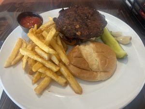 Chipotle Black Bean Burger (no aioli or cheddar) and Garlic Boardwalk Fries   at Angry Garlic in Baldwinsville