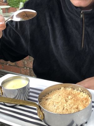 Vegan rhubarb and apple crumble with soy custard  at The Kings Arms in Solihull
