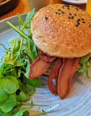 Avocado and locally made seitan bacon breakfast bap at Market Square in Folkestone
