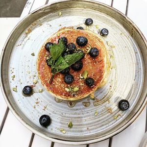Blueberry, agave and pistachio vegan pancake stack at Market Square in Folkestone