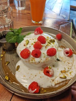 Raspberry and coconut yoghurt pancakes at Market Square in Folkestone