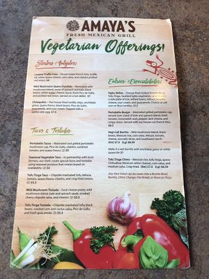 Vegan / Vegetarian Special Menu, available upon request at Amaya's Fresh Mexican Grill in Monroe