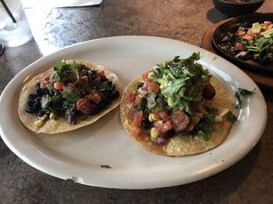 Wild Mushroom and Tofu Tinga Tostadas (Sans cheese), with extra guacamole. at Amaya's Fresh Mexican Grill in Monroe