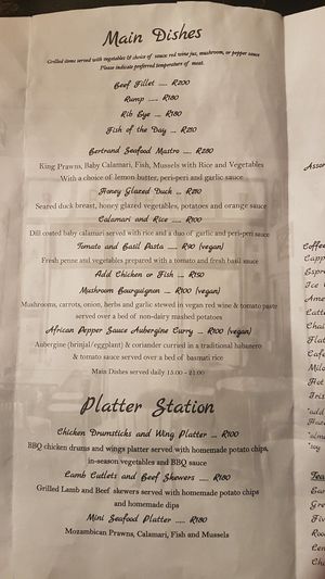 Menu at Bertrand in Johannesburg