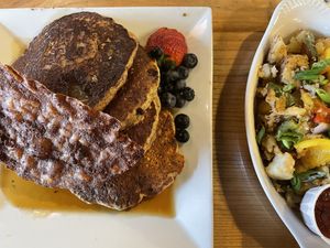 Pancakes with bacon and home fries (sunday menu)  at ION - It's Only Natural Restaurant in Middletown