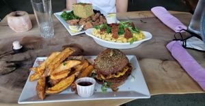 Top-Bottom: Southern plate, mac and cheese, cheeseburger at ION - It's Only Natural Restaurant in Middletown