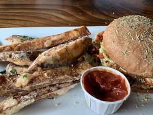 Chickpea Parmesan with a side of Sweet Potato Fries at ION - It's Only Natural Restaurant in Middletown