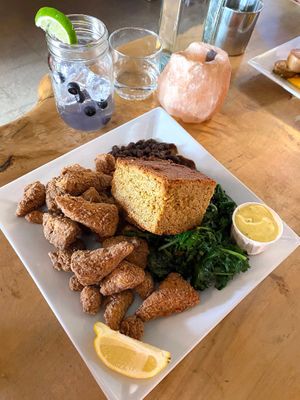 My favorite ION meal: The Southern Plate! With fried tofu, vegan cornbread, collard greens and black beans YUM at ION - It's Only Natural Restaurant in Middletown