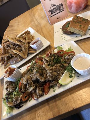 Oyster calamari 
Truffle + Parmesan fries
Cornbread  at ION - It's Only Natural Restaurant in Middletown