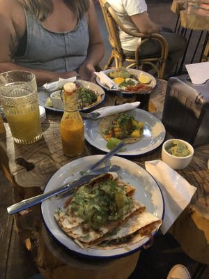 Quesadilla, tacos and Also a non-vegan breakfast taco on the right.  at Panczo in Wroclaw