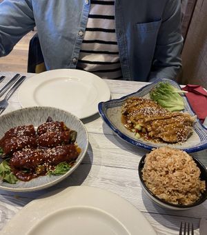 Korean fried ‘chicken’ and crispy fried ‘duck’ in plum sauce with fried rice  at Puti Vegan Cafe in Glasgow