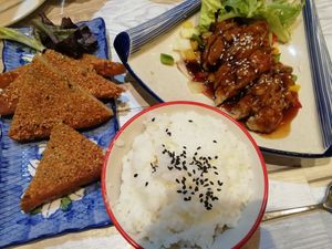Prawn toast, sliced duck with teriyaki sauce, rice #Veganuary at Puti Vegan Cafe in Glasgow
