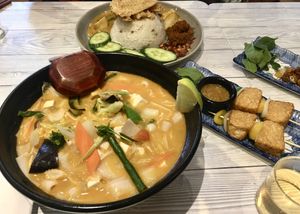 Tom yum with flat rice noodles, Nasi Lemak and Tempeh skewers  #Veganuary at Puti Vegan Cafe in Glasgow
