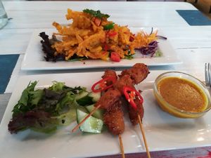 Enoki mushrooms and chicken style skewers at Puti Vegan Cafe in Glasgow