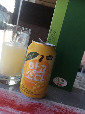 Sparkling mango drink at Puti Vegan Cafe in Glasgow