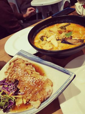 Duck in plum sauce and curry laksa. at Puti Vegan Cafe in Glasgow