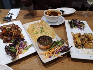Soy protein and cashew nut, Korean potato pancakes, salt and chilli tempeh. at Puti Vegan Cafe in Glasgow