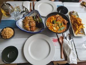 Fried Rice, Duck in Plum sauce, Curry Laksa, Enoki salt and chilli mushrooms 😋 at Puti Vegan Cafe in Glasgow