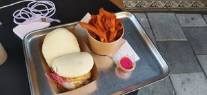 Fancy Tofu Bao Bun + Sweetpotato fries + Kimchi Sauce at BAO BAR 1070 in Vienna