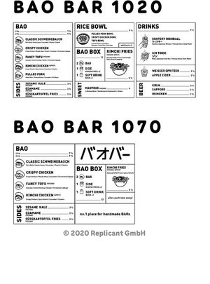 Menu (for two different stores)  at BAO BAR 1070 in Vienna