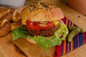 Beyond meat hamburger at VegCo Restaurante Vegano in Queretaro