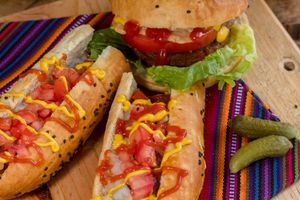 Tofurky hotdog, beyond hot Italian hotdog, beyond meat hamburger at VegCo Restaurante Vegano in Queretaro