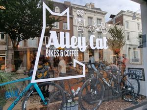 Logo on front window at Alley Cat in Maastricht