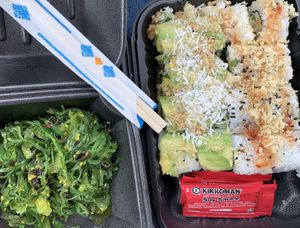 Seaweed salad, vegetarian green’s roll, and vegan dynamite roll. So filling and delicious  at Green's in Blacksburg