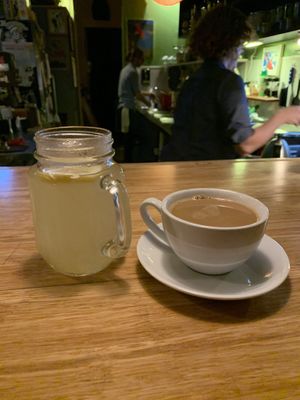 Ginger tea and oat milk cortado  at Rozz-Tox in Rock Island