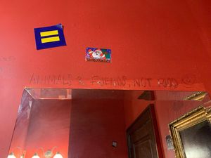 Some of the bathroom art at Rozz-Tox in Rock Island