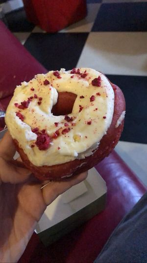 Sia later red velvet  at Doughnut Time in East London