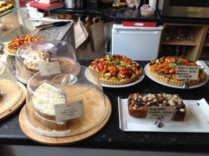 selection of vegan quiches  at Goji Vegetarian Cafe and Deli in York