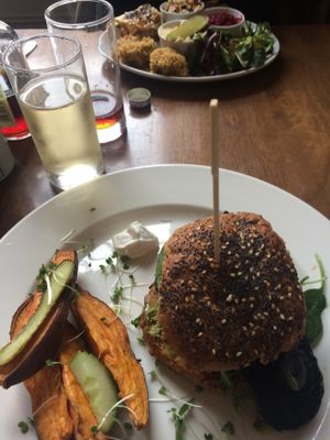 The delicious vegan mushroom and tofu burger with sweet potato fries and vegan mayo  at Goji Vegetarian Cafe and Deli in York