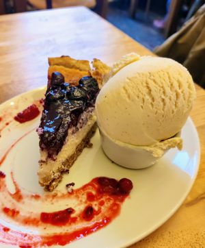 Blueberry and vanilla cheesecake at Goji Vegetarian Cafe and Deli in York