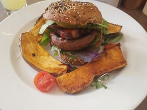 mushroom and tofu burger  at Goji Vegetarian Cafe and Deli in York