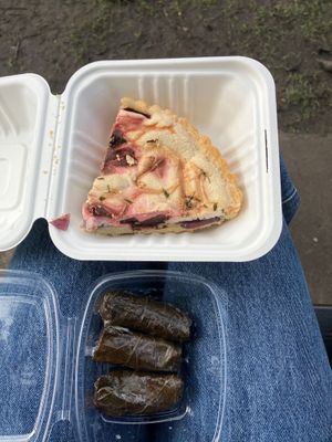 Beetroot and caramelised onion cashew cream tart + stuffed vine leaves at Goji Vegetarian Cafe and Deli in York