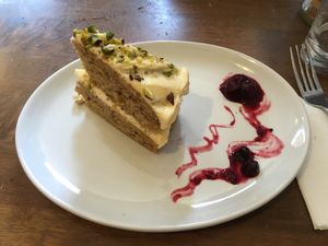 Vegan pistachio and cardamon cake  at Goji Vegetarian Cafe and Deli in York