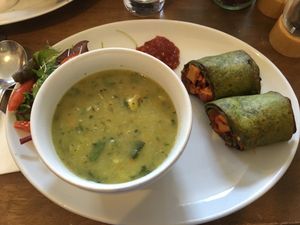 Watercress leek and courgette coup, with a tomato tofu wrap  at Goji Vegetarian Cafe and Deli in York