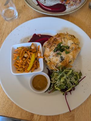 Curry pie, homemade mango chutney and salads at Goji Vegetarian Cafe and Deli in York