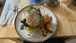 Mushroom and tofu burger with roasted sweet potato   at Goji Vegetarian Cafe and Deli in York
