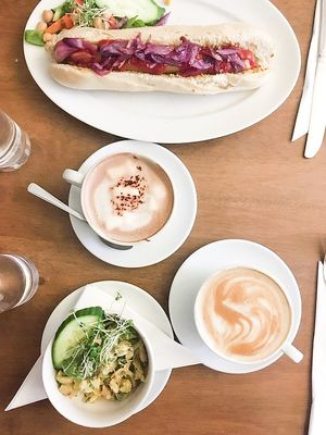 Hot dog, salad, oat milk latte and hot chocolate at Goji Vegetarian Cafe and Deli in York