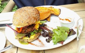 Smokey quinoa & nut burger at Goji Vegetarian Cafe and Deli in York