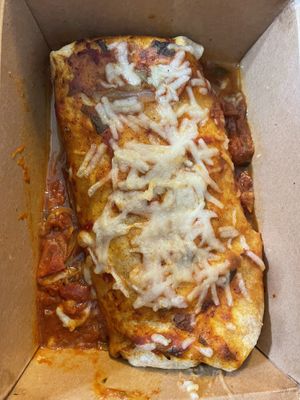 Spicy Buffalo burrito at Claire's Corner Copia in New Haven