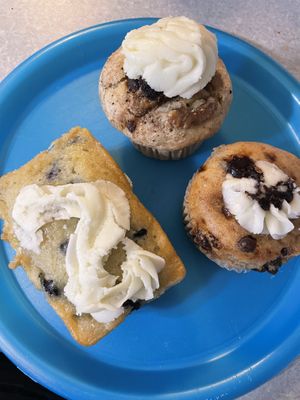 Lemon loaf, coffee cake cupcake, chocolate banana cupcake (all vegan) at Claire's Corner Copia in New Haven