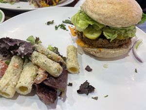 California burger made vegan   at Claire's Corner Copia in New Haven