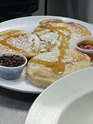 Our vegan Pancakes, made with organic chia seeds and flax seeds for added protein and yumminess  at Claire's Corner Copia in New Haven