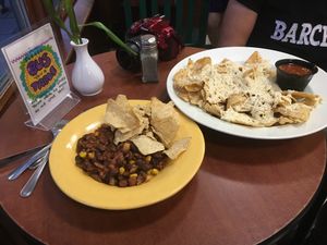 Chili vegan and Nachos with vegan Cheese at Claire's Corner Copia in New Haven